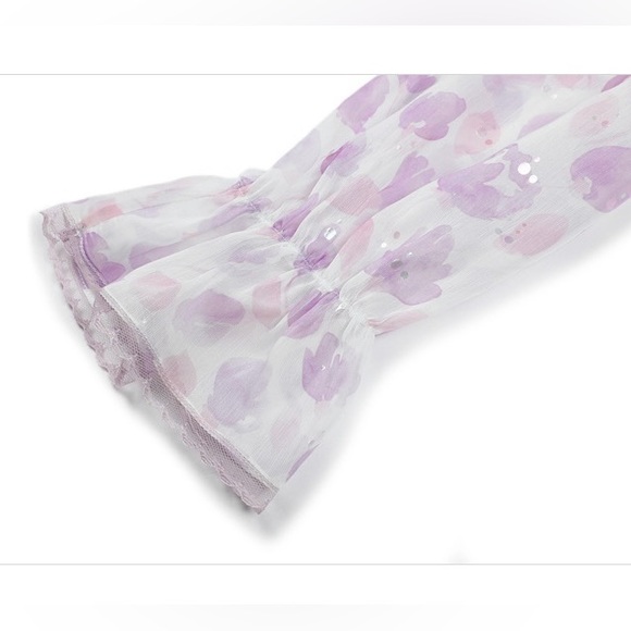 NWT Bow Tie Neck Floral Print Button Front Ruffle Hem A-line Dress Lilac Size S - Picture 11 of 16